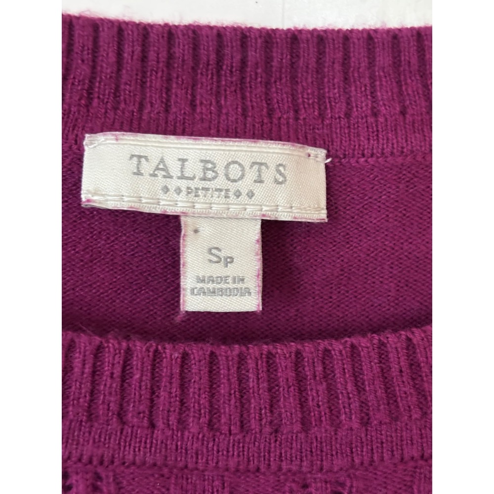 Talbots Petite Magenta Purple Cable Knit Pointelle Yoke Cotton Blend Sweater SP - Picture 3 of 5
